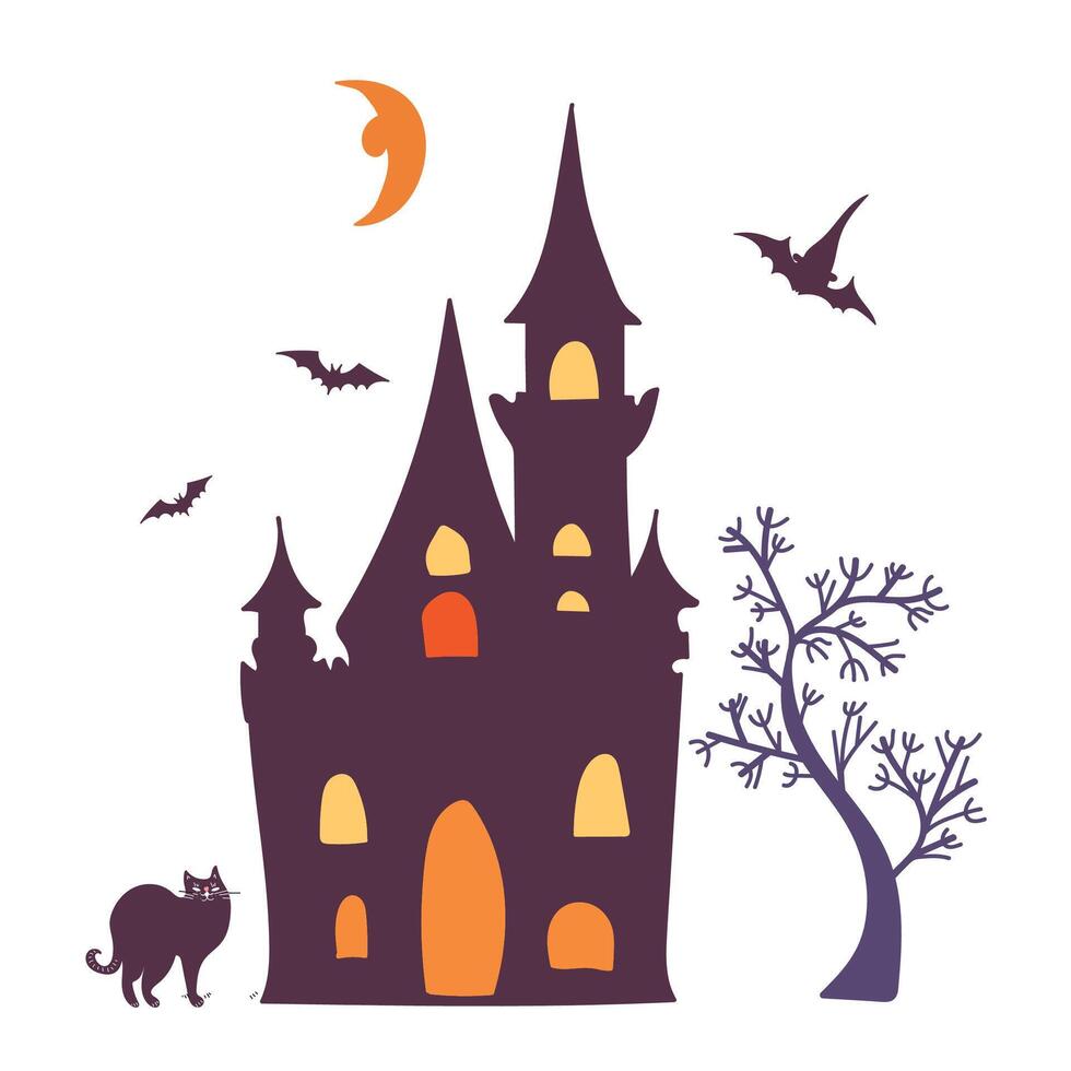 Halloween design elements. Castle, cat, tree and flying bats. vector