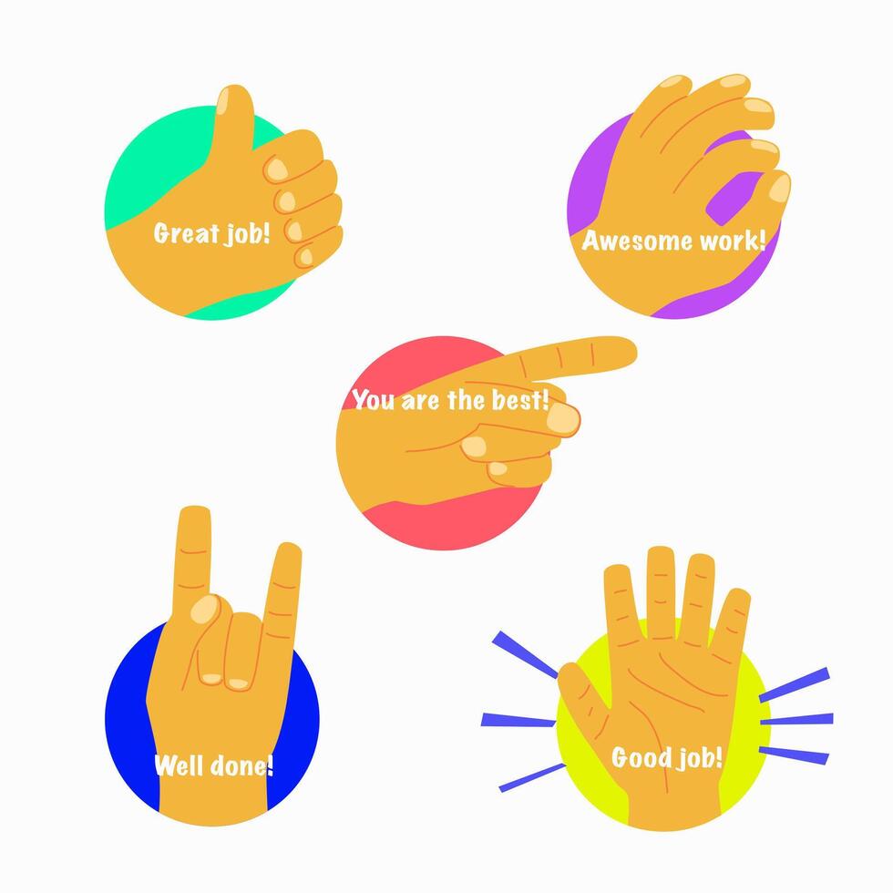 Cartoon Color Different Hands Gestures Job and Great Job Stickers Logo Set. vector