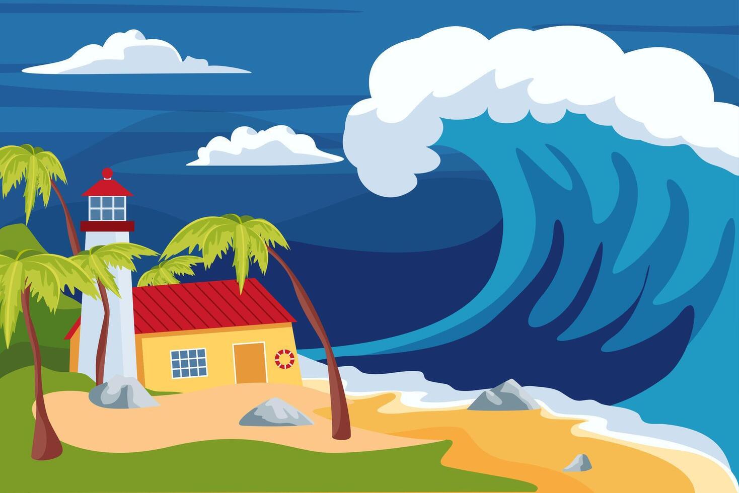 Cartoon Color Tsunami Natural Disaster Concept. vector