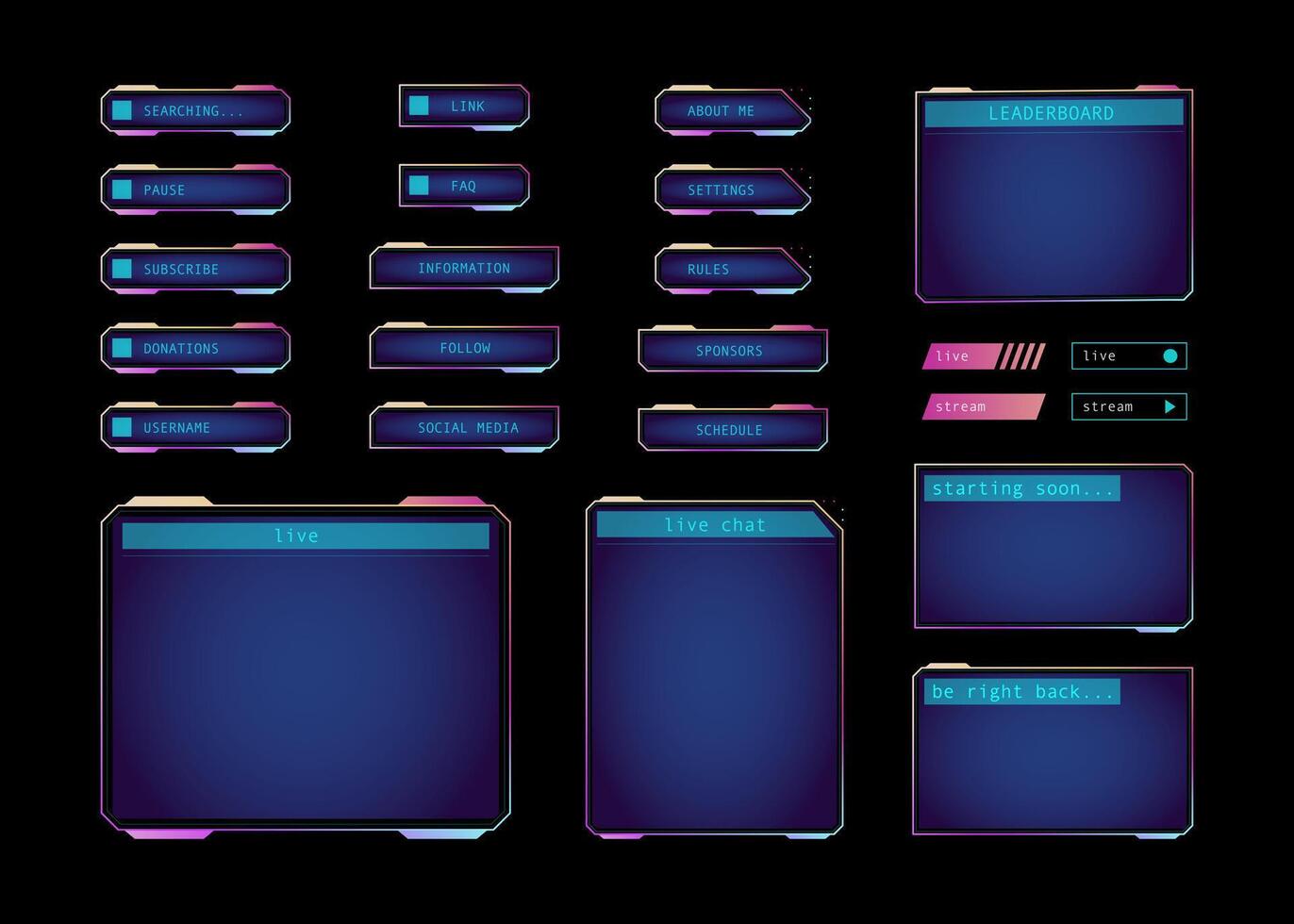 Different Game Frame Set Abstract Digital User Interface. Illustration of Stream Overlay Banner with Buttons and Player UI Template vector