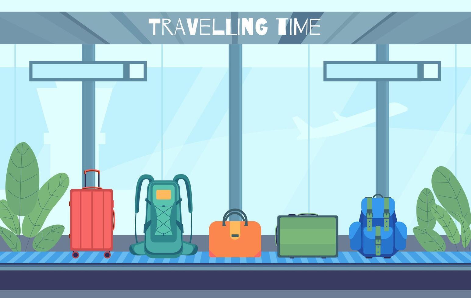 Cartoon Color Airport Departure Terminal with Baggage Conveyor Interior Inside Scene Concept. vector