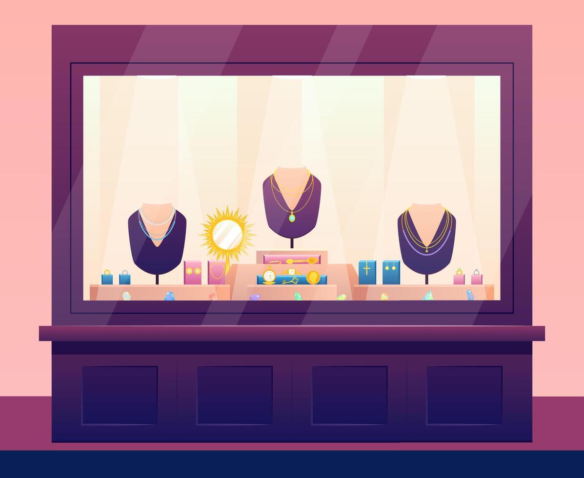 Cartoon Color Jewelry Shop Showcase with Necklaces on Mannequins, Rings with Diamonds and Earrings Concept. vector