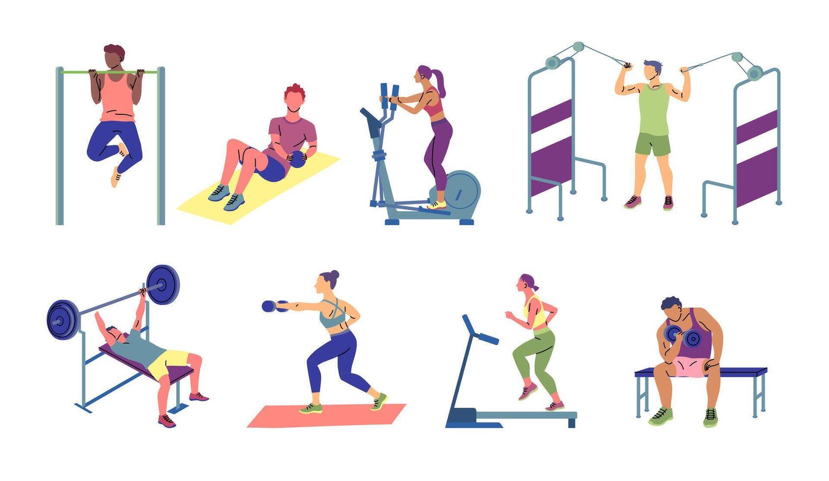 Cartoon Color Characters People Training and Exercising Set. vector