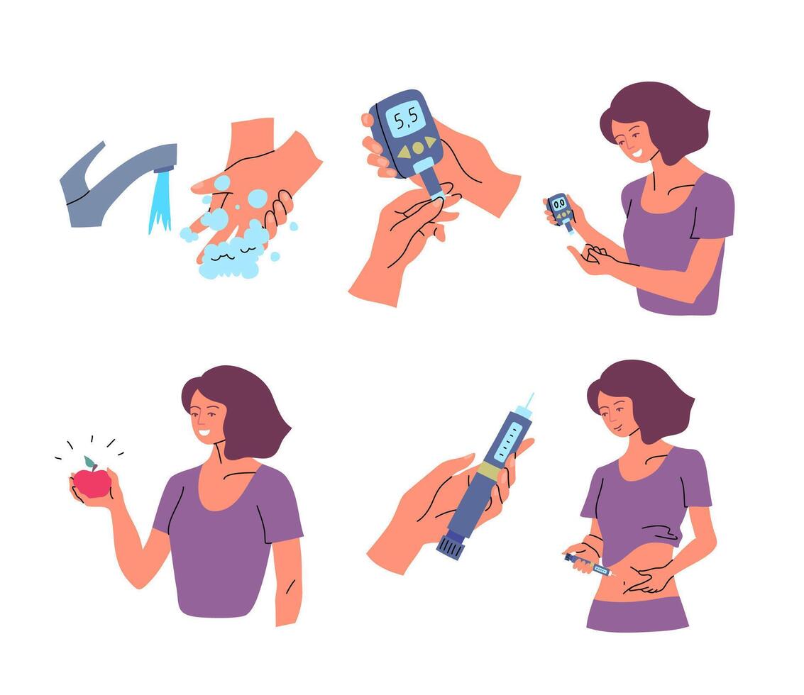 Cartoon Characters Women and Diabetes Treatment Concept. vector