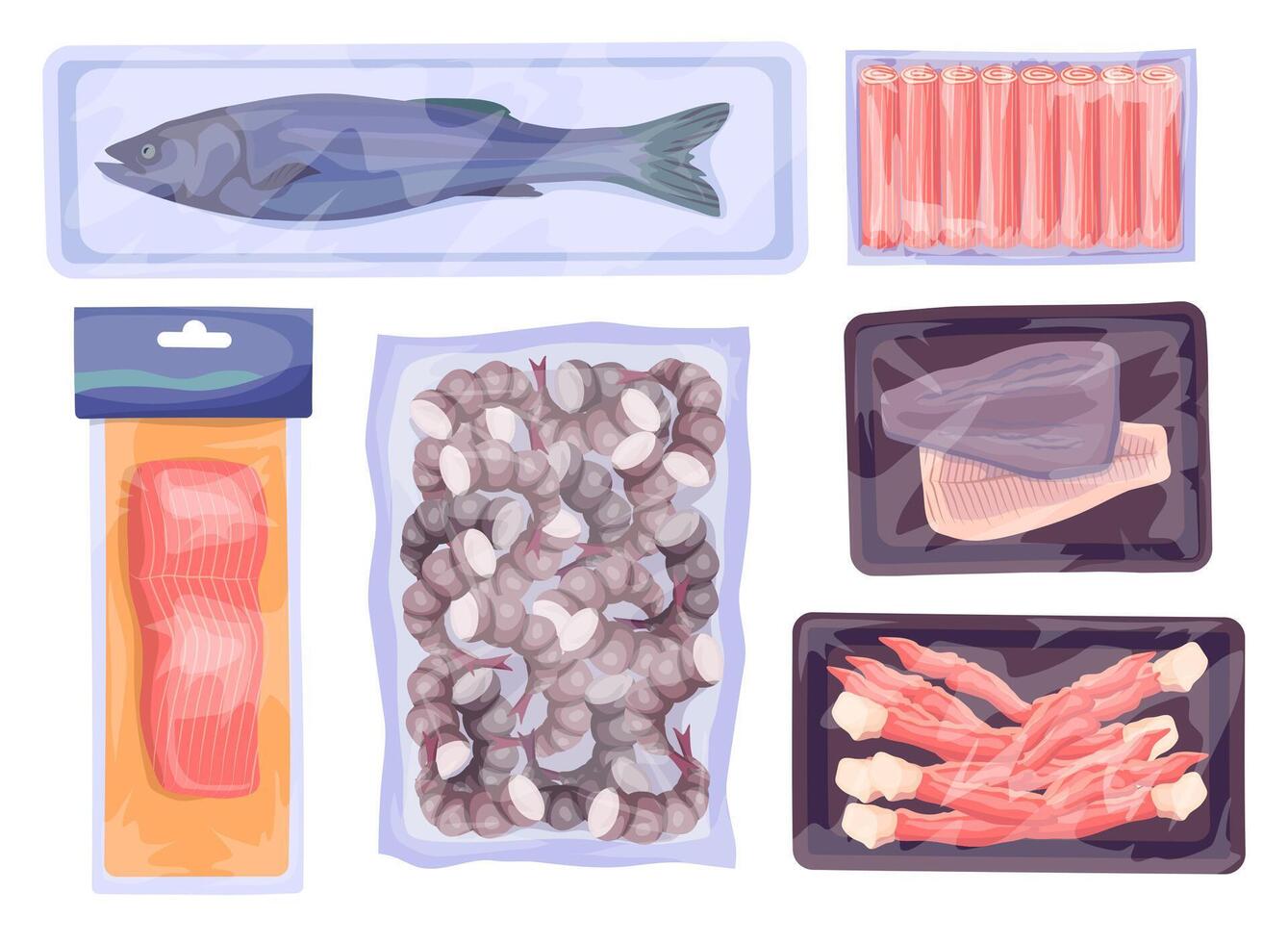 Cartoon Color Frozen Seafood Package Set. vector