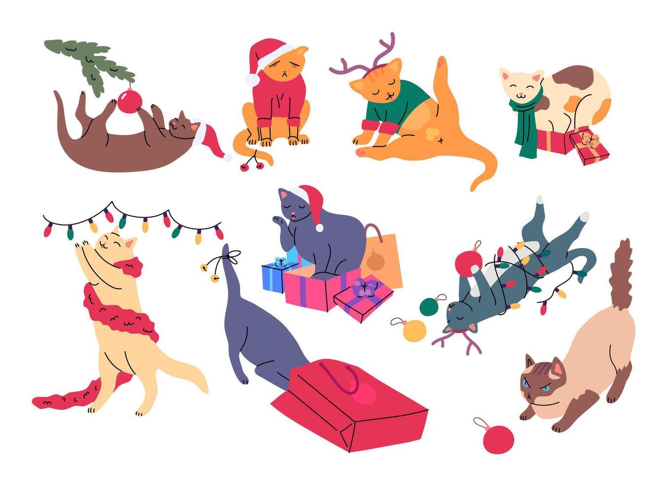 Cartoon Color Christmas Cats Set. vector