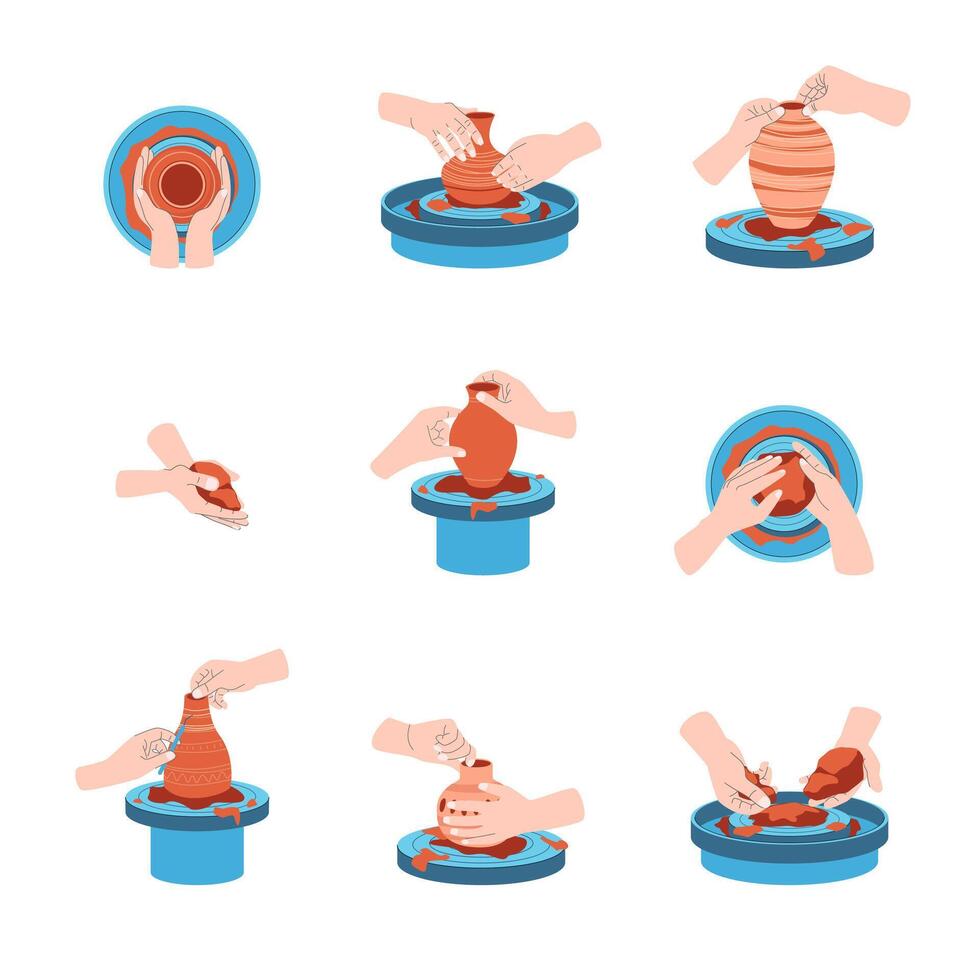Cartoon Color Different Hands Gestures Set Pottery Concept. vector