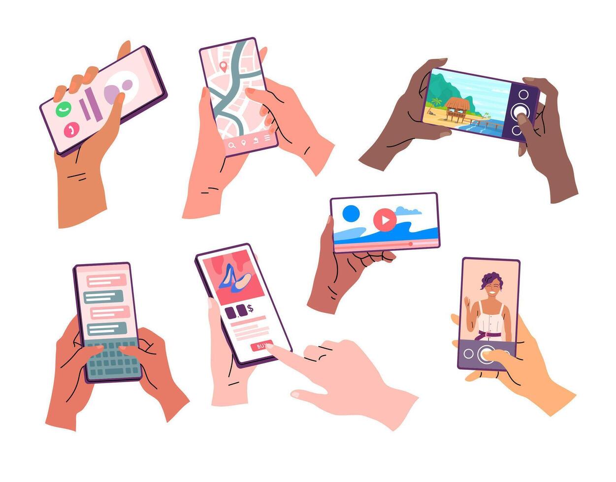 Cartoon Color Diverse People Hands Holding Smartphones Using Set. vector