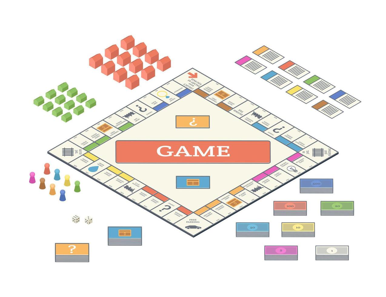 Cartoon Color Table Game Set 3d Isometric View. vector