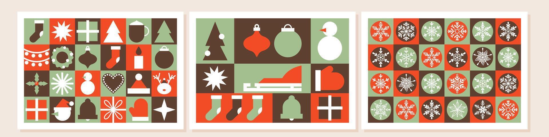 Winter holiday greeting card, postcard set. Merry Christmas and Happy New Year concept. Horizontal minimalist geometric modern illustration with Xmas elements. For invitation, cover, banner vector