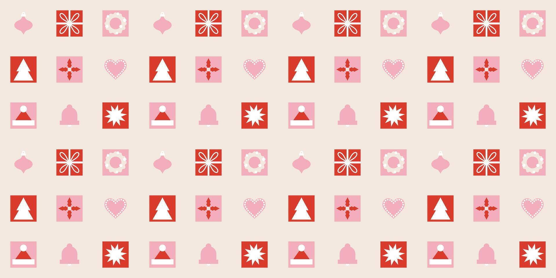 Elegant geometric Christmas and New Year seamless pattern. Xmas ornament, isolated background. Gift, Christmas tree, wreath, holly. Abstract geometrical design for wrapping paper, cover, print vector