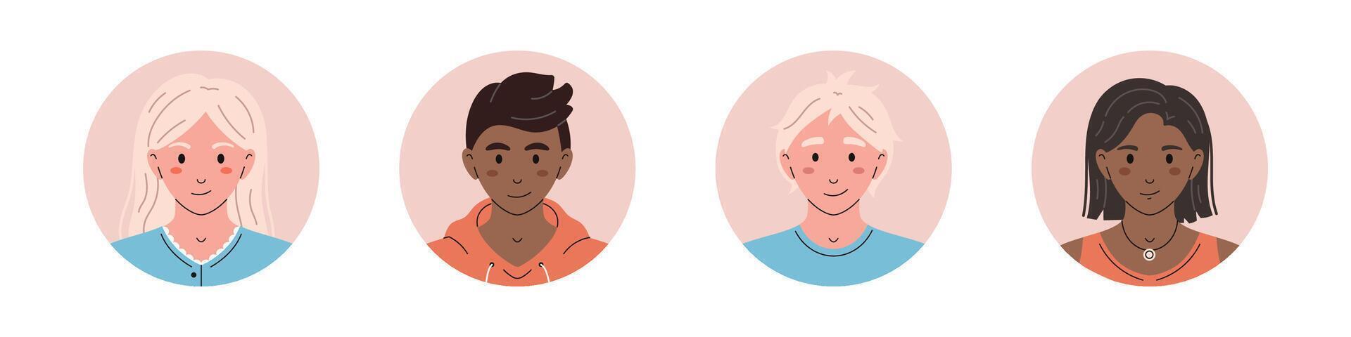 black and white people avatars in circles. Teenager characters head portraits. Round icons with different students in flat design. Cute smiling girls and boys with dark and light skin. vector