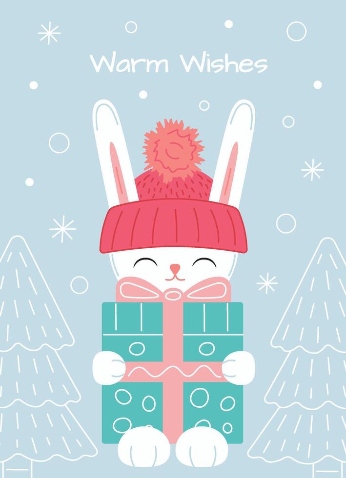 Greeting card with cute rabbit holding giving box. Hand drawn illustration with happy rabbit, gift, snow and Warm wishes for New Year poster or card design. vector
