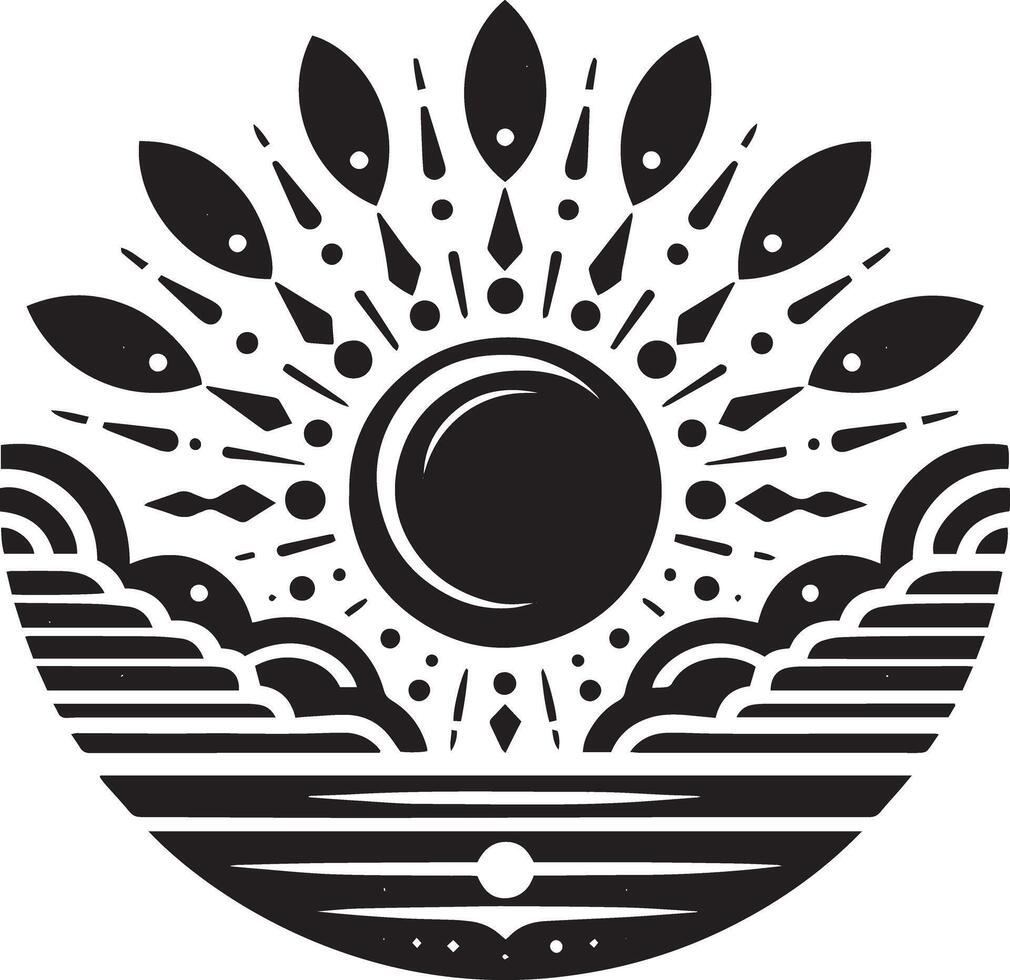A black and white logo with a sun and clouds vector