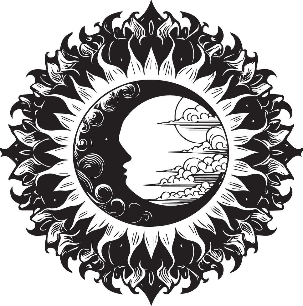 A black and white sun and moon in a circular design vector