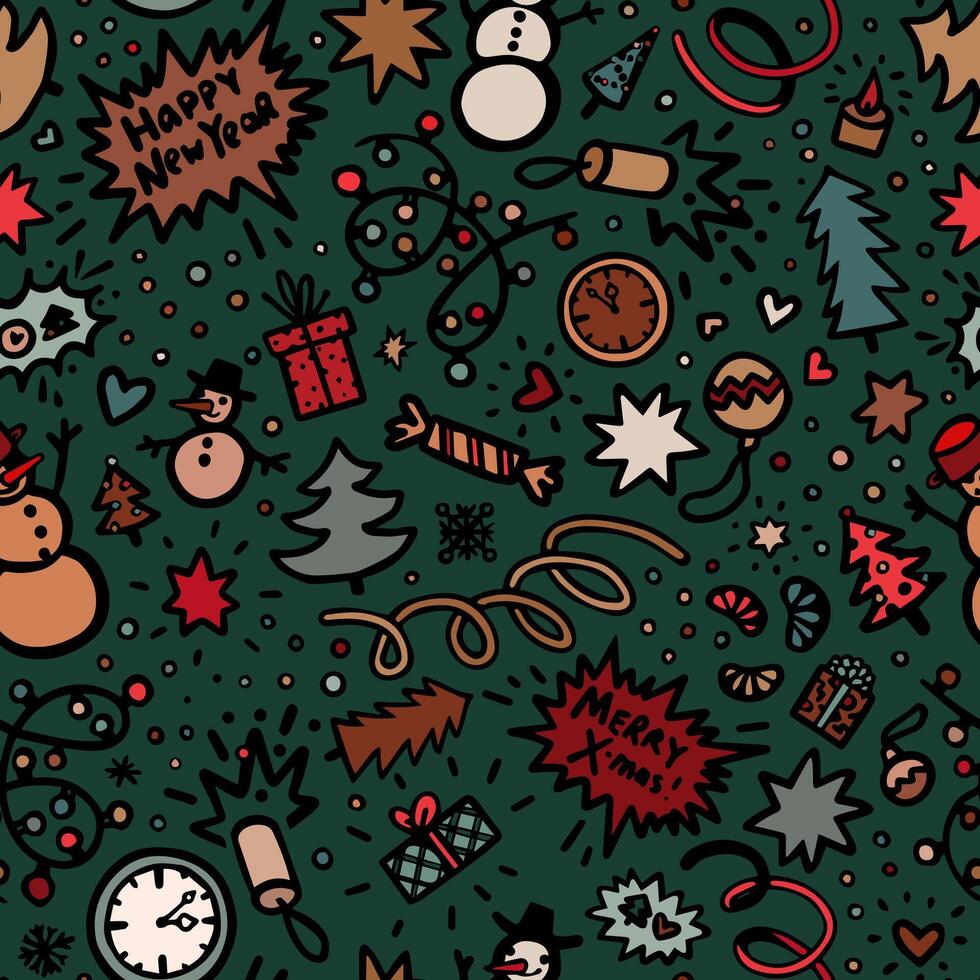 Christmas Pattern with Festive Elements on a Green Background vector