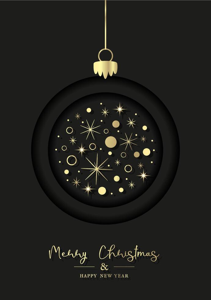 Modern Merry Christmas Happy New Year Paper cut poster. Traditional corporate holiday card. Elegant black Banner Template with Christmas ball, star, snowflake, glow. Concept. vector