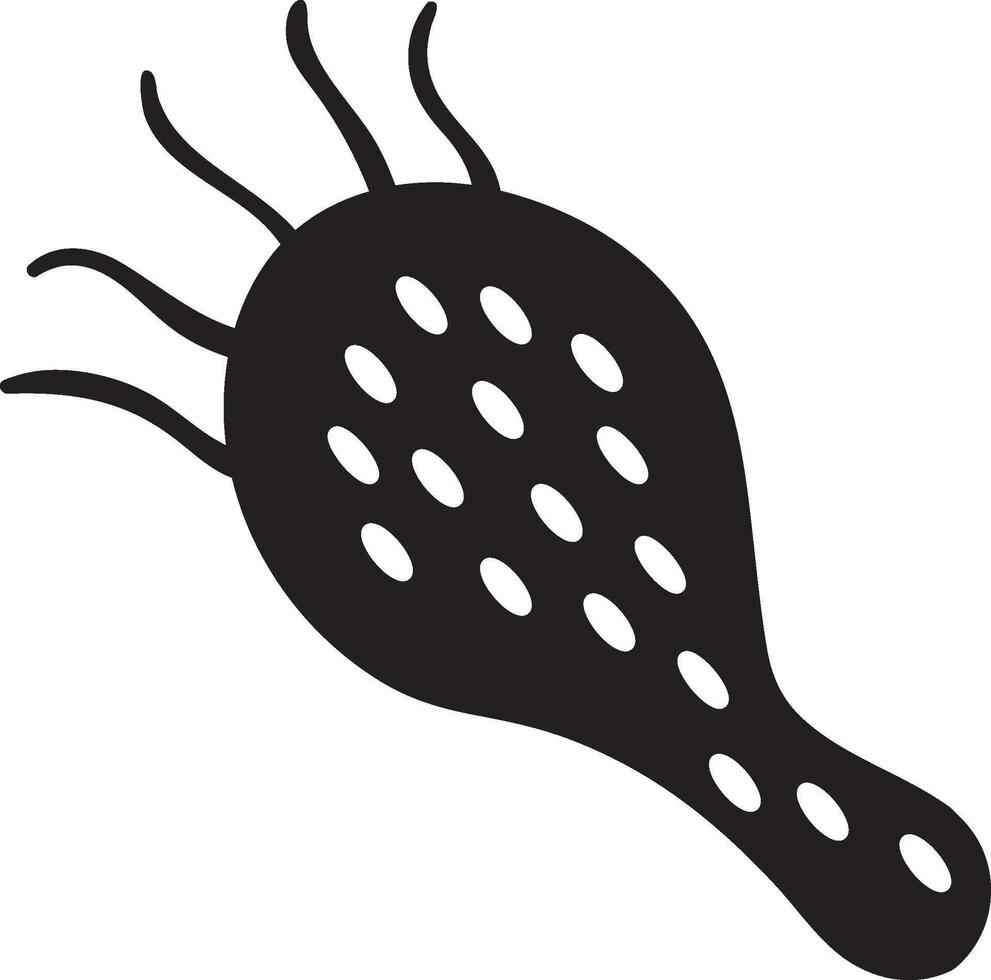 Simple black and white illustration of a paramecium aurelia, a single celled freshwater ciliate, moving with the help of cilia vector