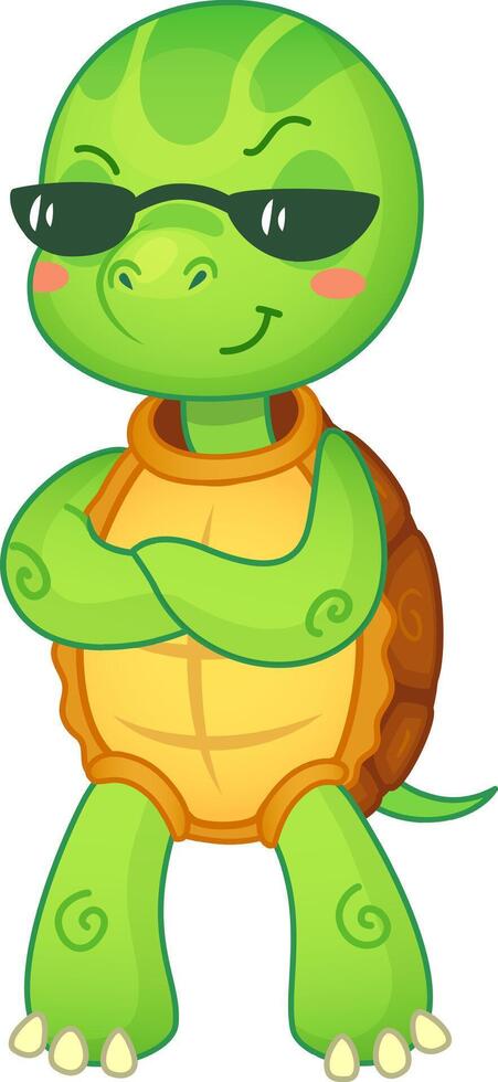 Stylish cartoon turtle with sunglasses, arms crossed, and a big smile exudes confidence and playfulness, perfect for kids' designs vector