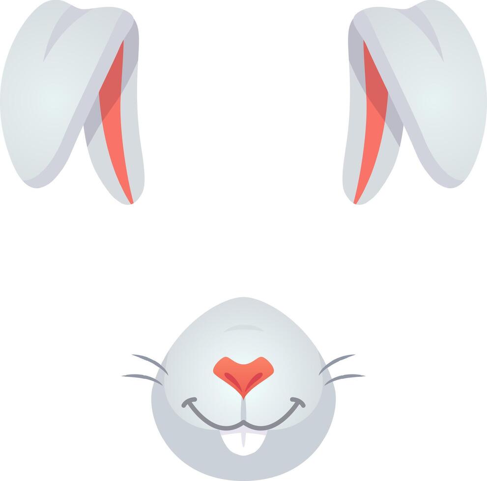 Adorable cartoon bunny face for easter and kids' designs, with big smile, long ears, pink nose, isolated on white background. Cheerful mascot adds sweetness to your project. vector