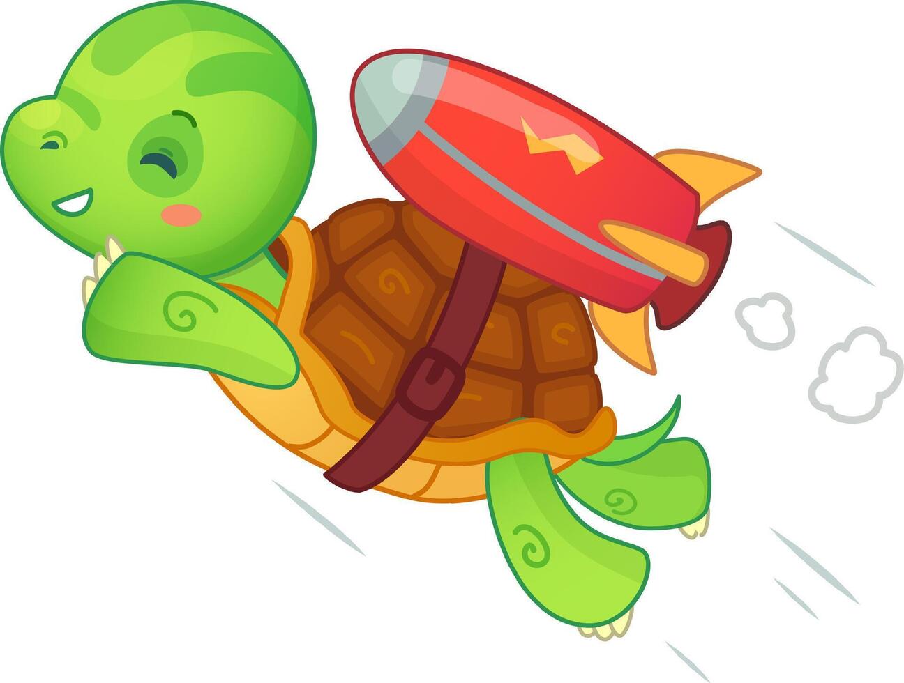 Cheerful cartoon turtle joyfully soars through the sky with a rocket, symbolizing adventure, freedom, and achievement. Perfect for conveying innovation and success in business vector