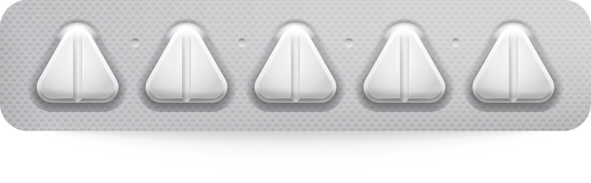 Five white triangular pills in a blister pack, isolated on white. Perfect for healthcare concepts vector