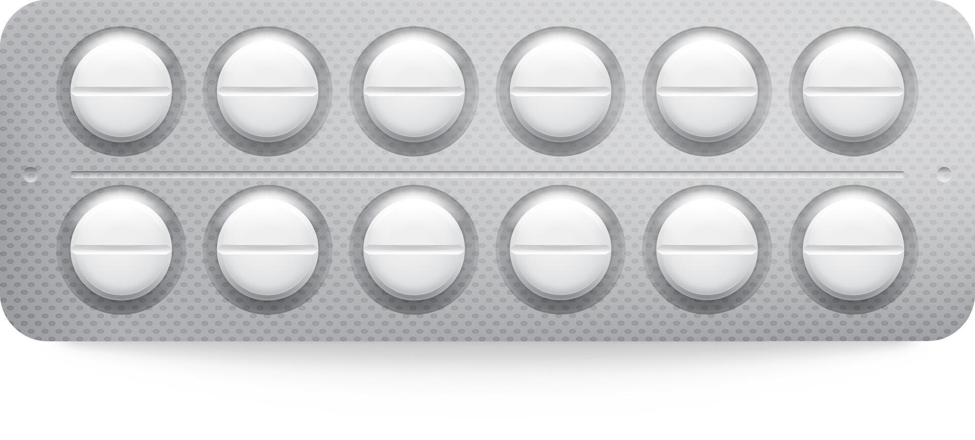 Standard pack of sixteen round white pills is lying on a white surface. The pills are contained in a silver blister pack vector