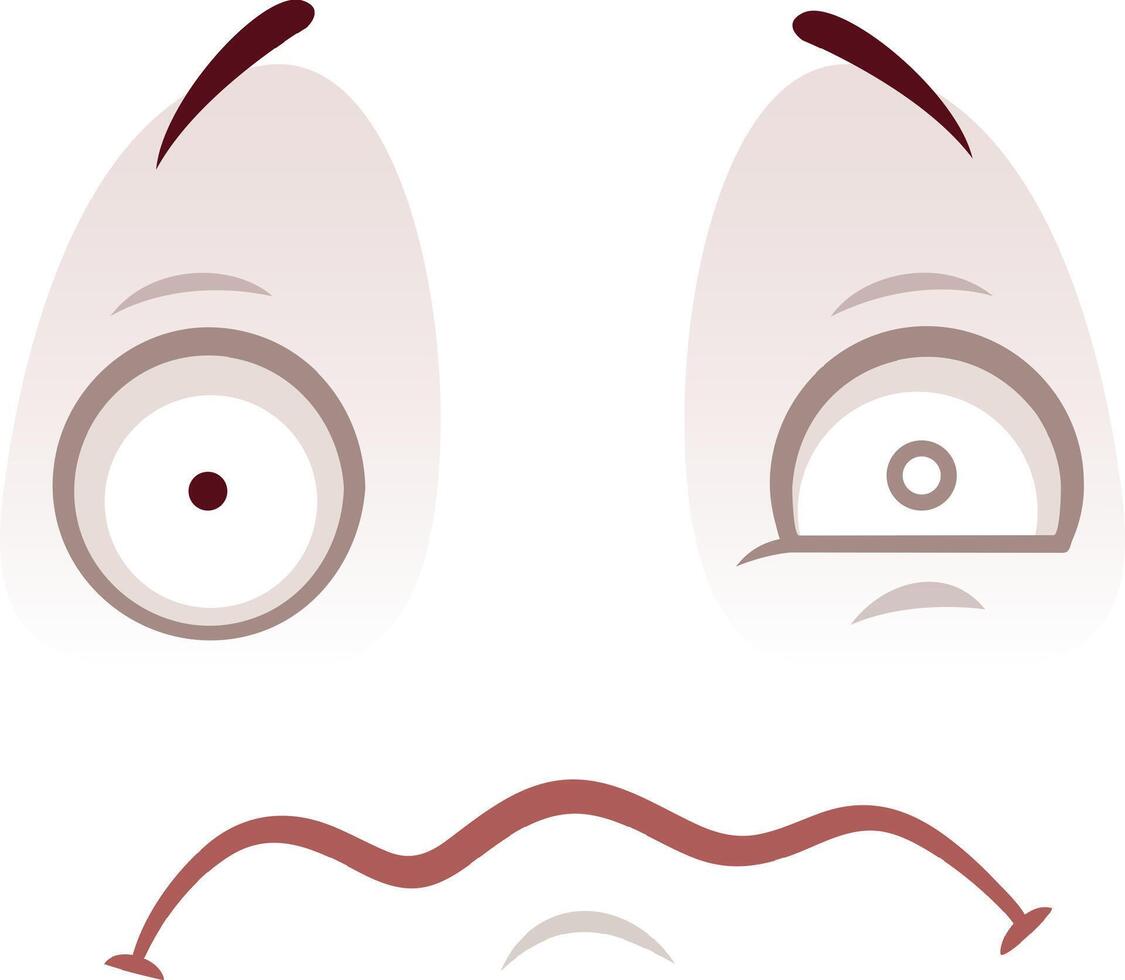 Cartoon face with big eyes shows disgust and skepticism, with a wavy mouth and raised eyebrows on a white background, perfect for conveying emotions like dislike and fear vector