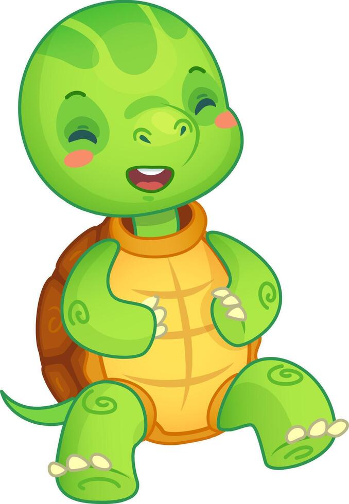 Cheerful cartoon turtle laughs with eyes closed, exuding joy and playfulness. Perfect for kids, toddlers, and preschoolers. Isolated on white, adds happiness to any design project vector