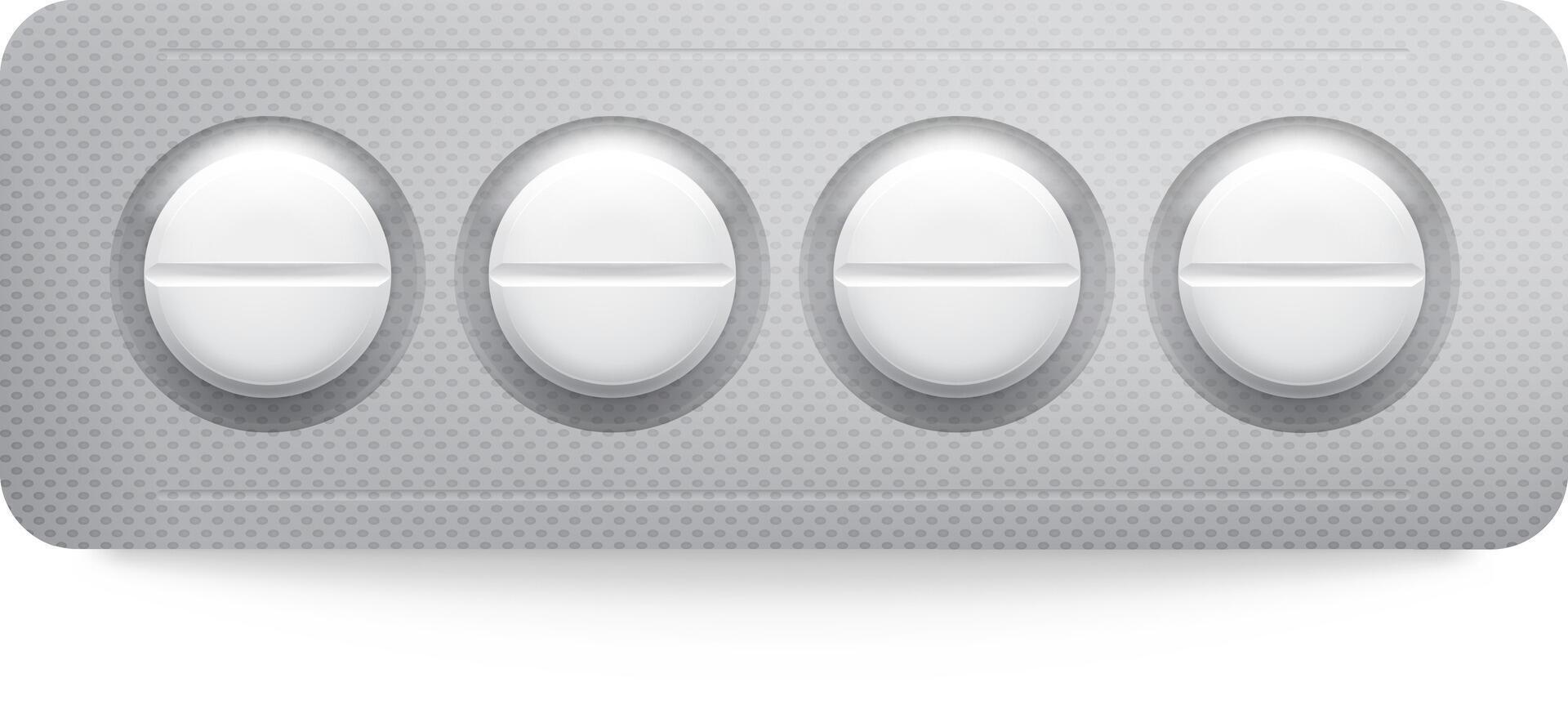 Four white pills in a blister pack on a clean white background, ready for healing. Shows importance of healthcare and safety in medication vector