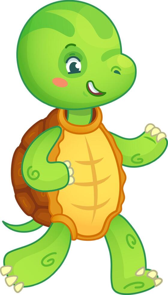 Cartoon illustration of a happy green turtle walking and winking, perfect for children's books, educational materials, and more vector