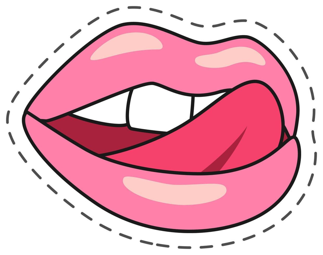 Cartoon illustration of female's open mouth with tongue licking out isolated on white background. Sensual drawing with dotted line around vector