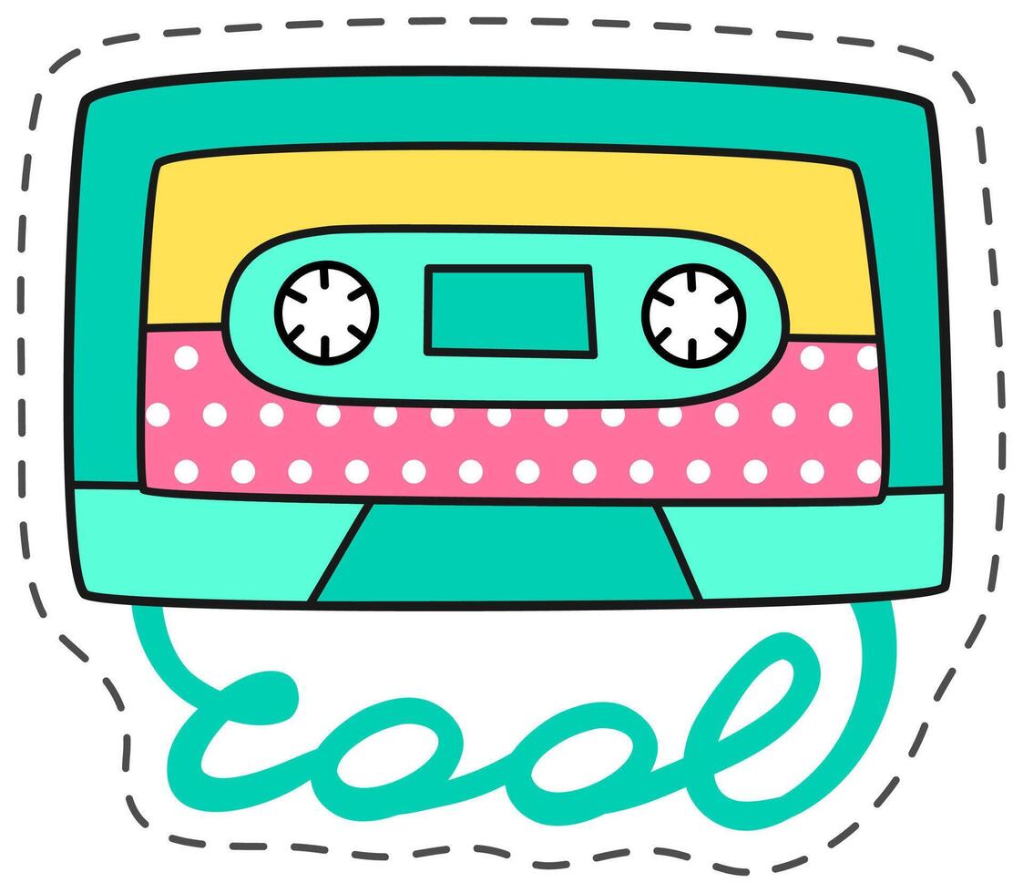 Cool retro audio cassette tape patch design with stitched outline, evoking feelings of nostalgia for the music and fashion of the 1980s and 1990s vector