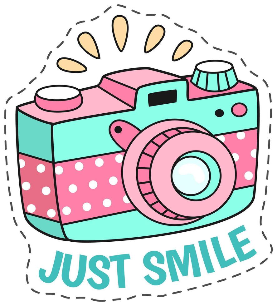 Cute, retro camera in turquoise and pink with a big smile to inspire joy and positivity. Capture life's moments in style with this happy camera vector