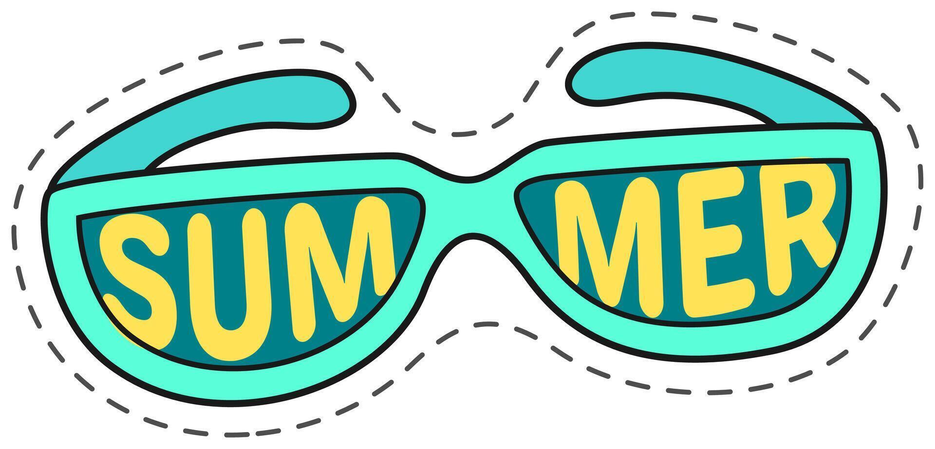 Turquoise sunglasses are featuring the word summer on the lenses, bringing a playful and stylish vibe to summer adventures vector