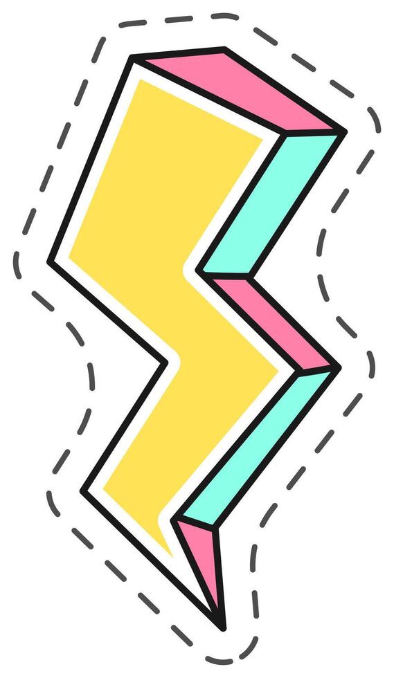 Yellow lightning bolt striking diagonally with pink and blue accents, outlined with a black dotted line on a white background vector