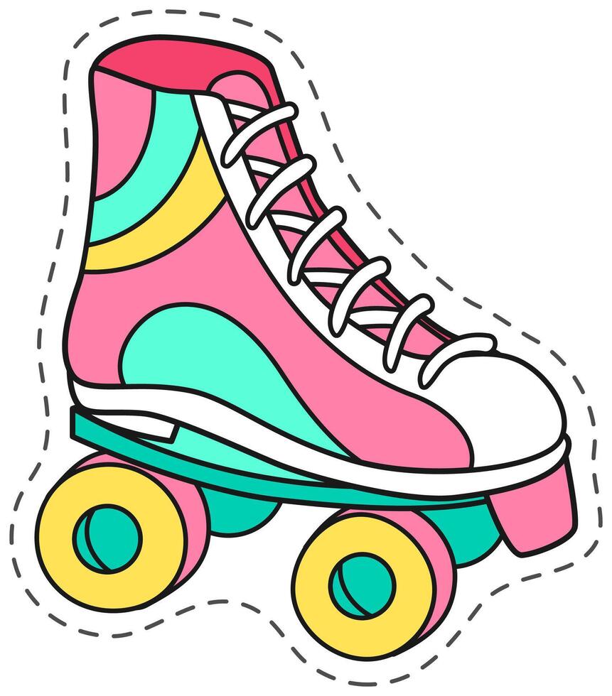 Colorful roller skate patch with dashed outline, evoking a sense of playful nostalgia and trendy fashion. Perfect for adding a touch of retro charm to designs vector