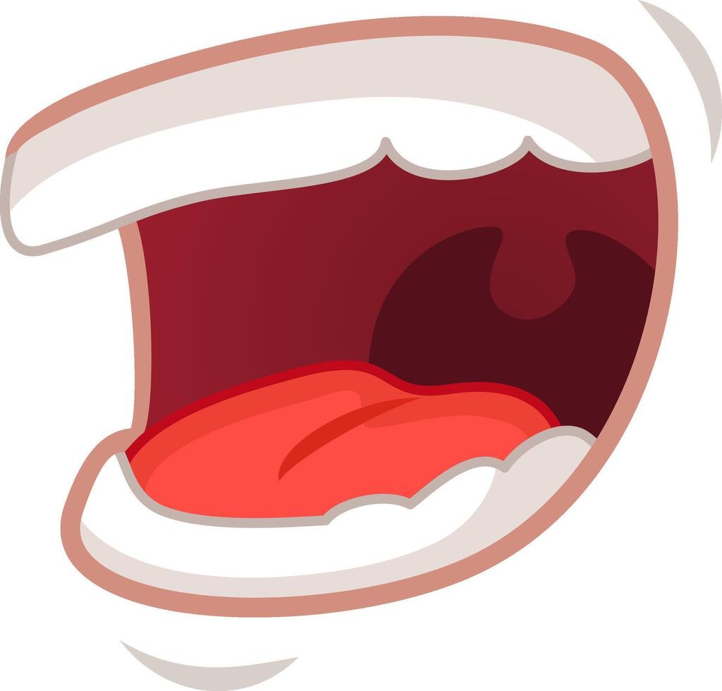 Cartoon illustration of a mouth wide open, showing tongue and teeth, perfect for topics such as singing, shouting or laughing vector