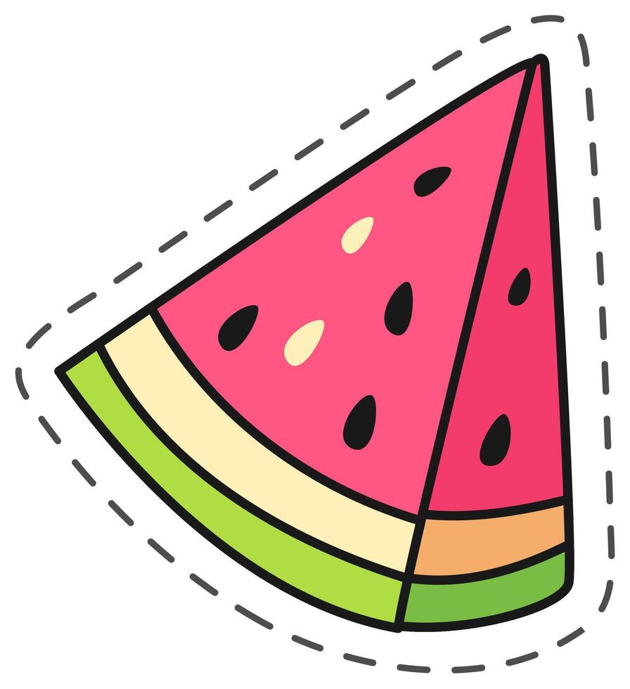 Cartoon drawing of a watermelon slice with black seeds, pink flesh, green rind, and a dotted cut line, suggesting it's a sticker or cutout vector