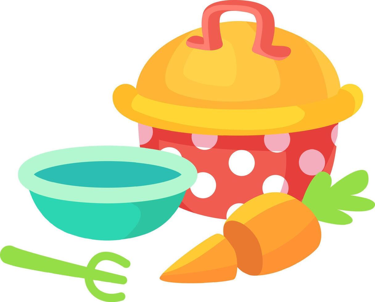 Vibrant illustration featuring a pot, a bowl filled with baby food, a carrot, and a baby spoon, emphasizing the preparation of nutritious meals for infants vector