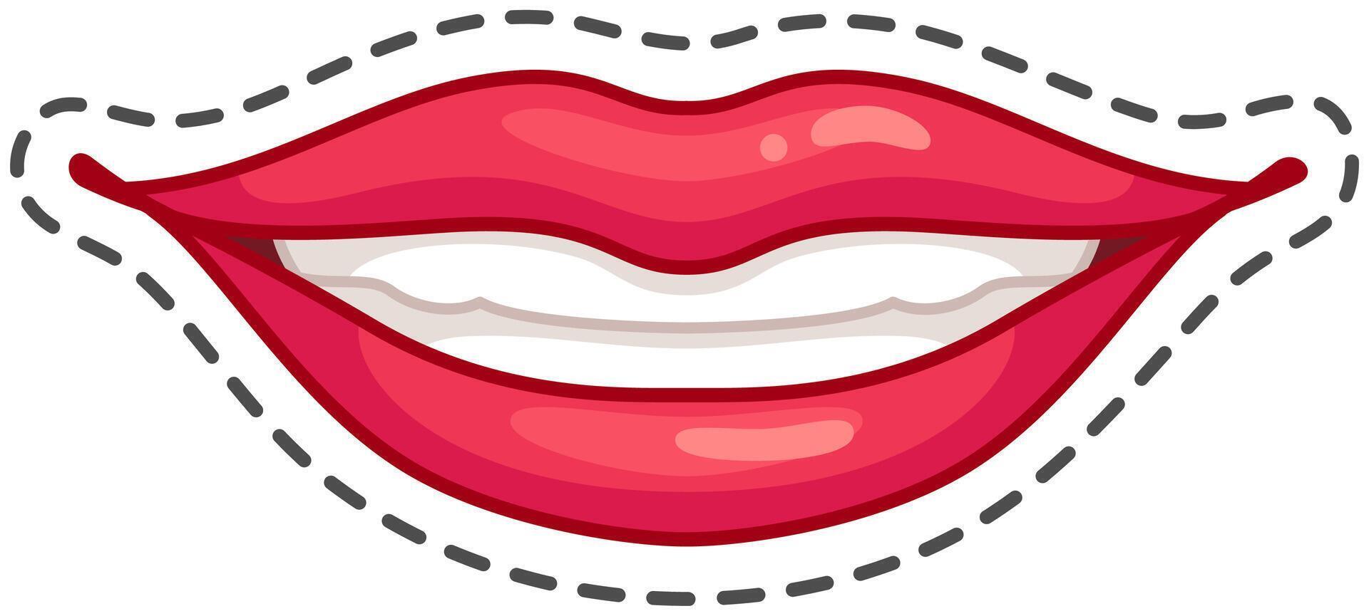 Bright red lips with white teeth smiling against dashed lines, exuding beauty and care. Perfect for cosmetics or dental designs vector