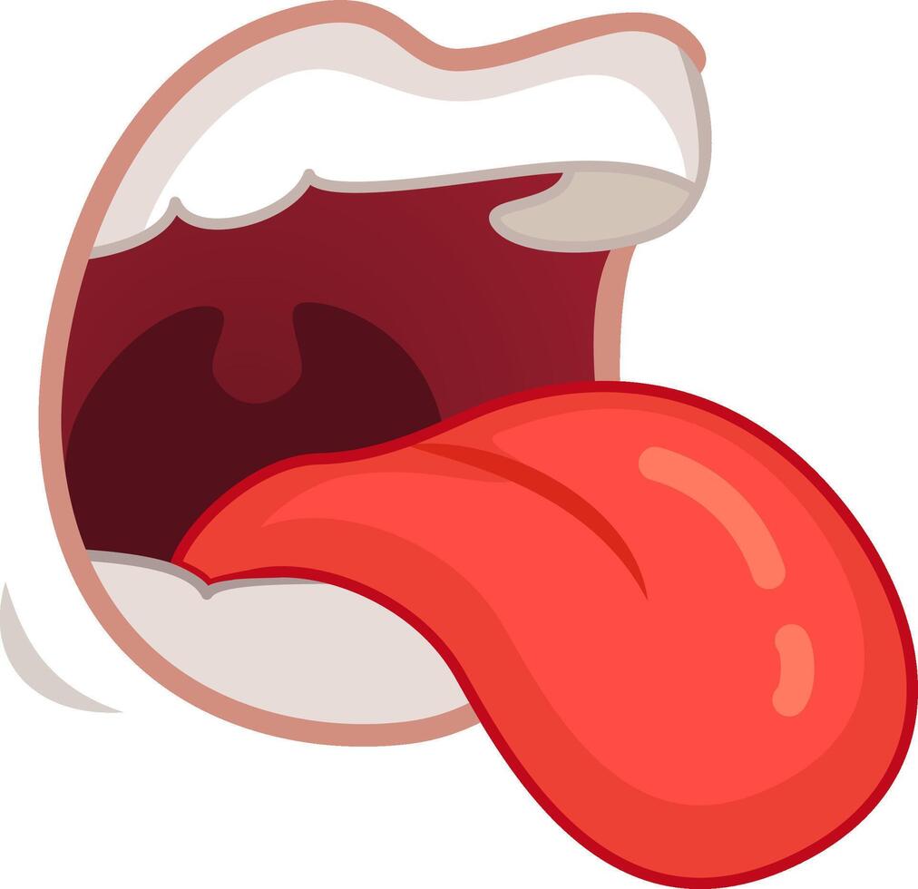 Cartoon mouth with tongue out on white background, focusing on teeth, tongue, and taste buds in red, pink, and white colors. Ideal for creative projects vector