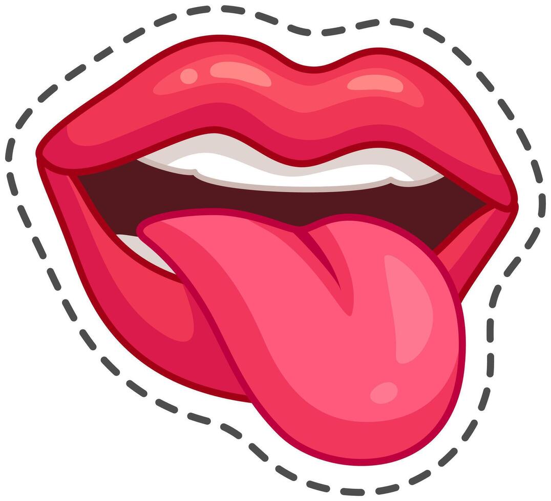 Cartoon illustration of a mouth with red lips, white teeth and pink tongue sticking out, with a black dashed line around it vector