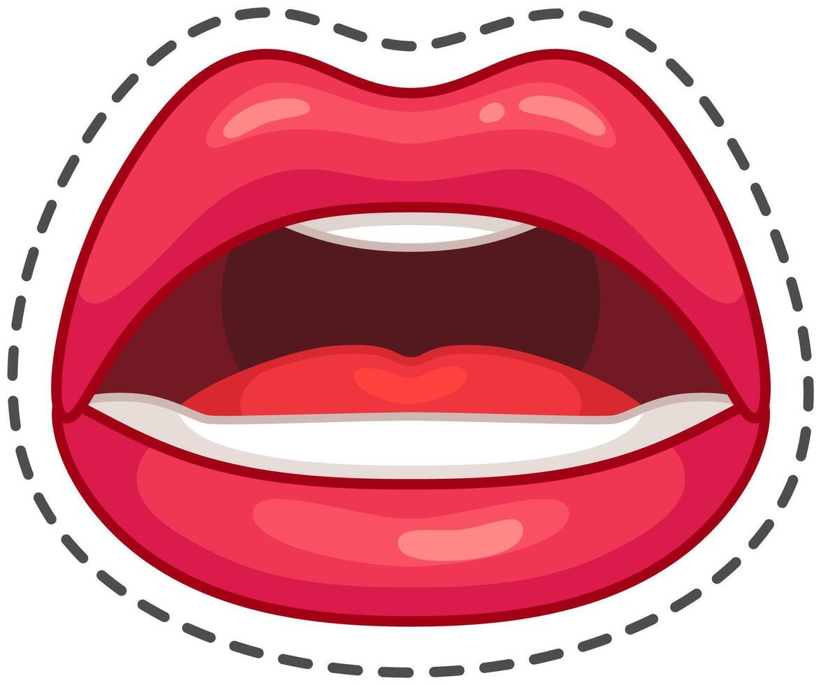 Vibrant cartoon illustration of red lips talking or singing, showing teeth. Playful design conveys fun and excitement, ideal for love, romance, celebration projects vector