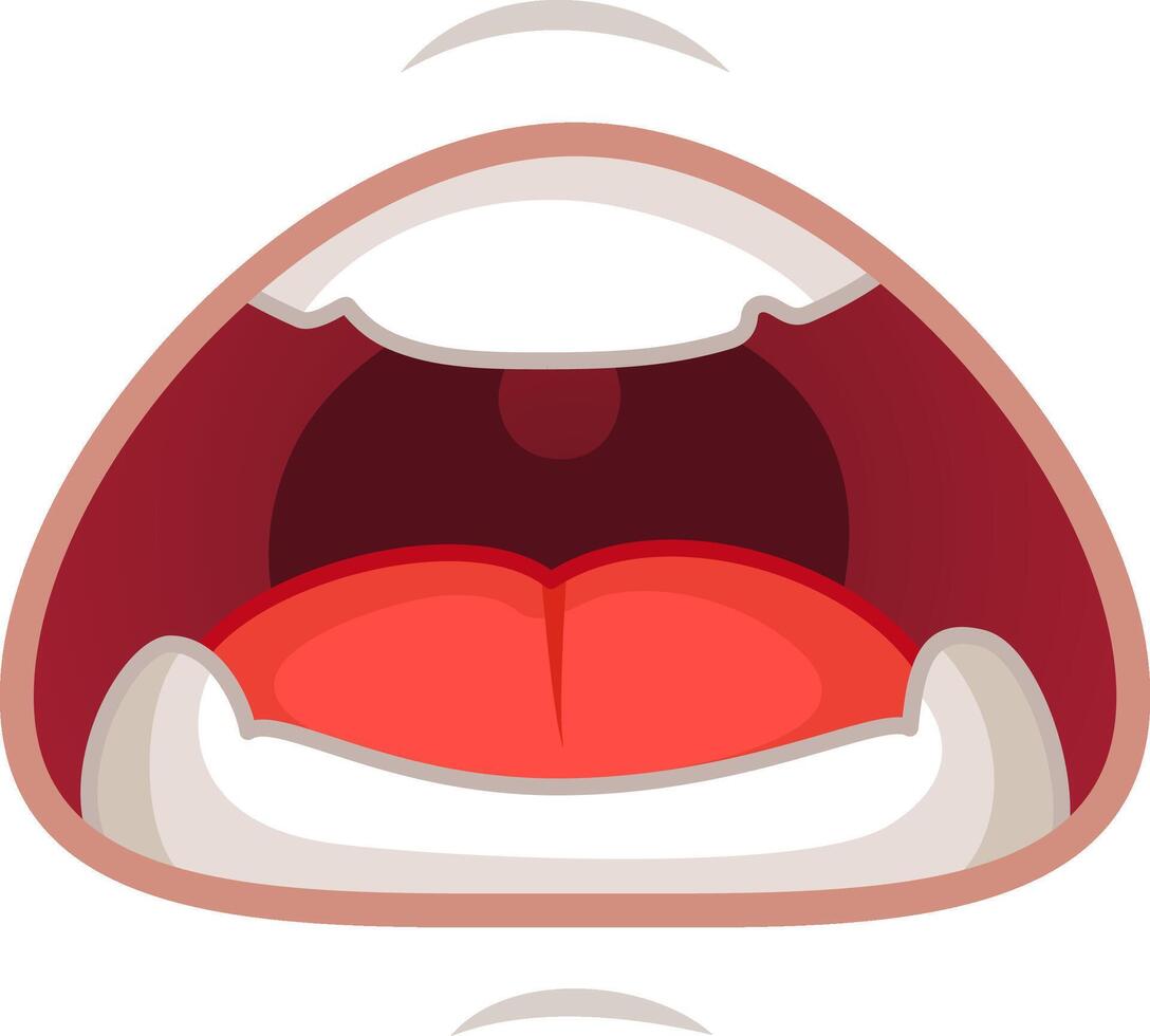 Colorful cartoon of a mouth wide open, teeth showing, and tongue out, conveying emotions like anger, fear, or surprise. Perfect for adding humor to designs vector