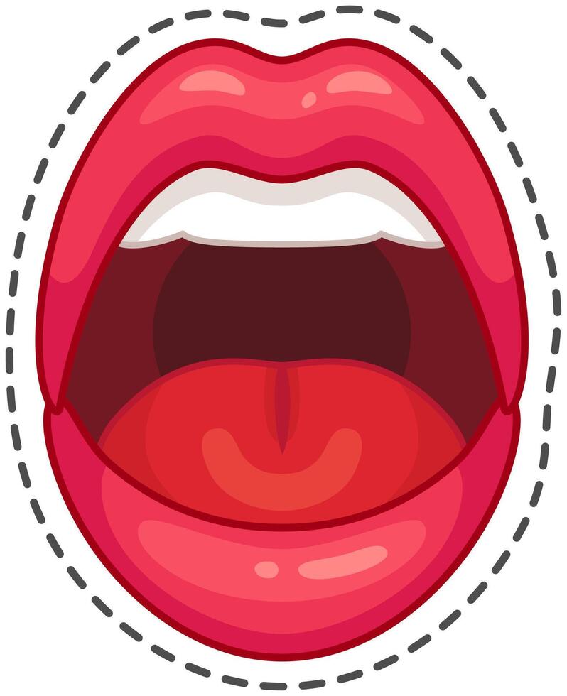 Cartoon illustration of a pair of red woman lips slightly opening the mouth with the tongue out, isolated over a white background with dotted line contour vector