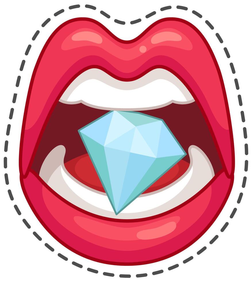 Cartoon illustration of red lips holding a big shiny diamond between teeth, on a white background with black dashed outline vector