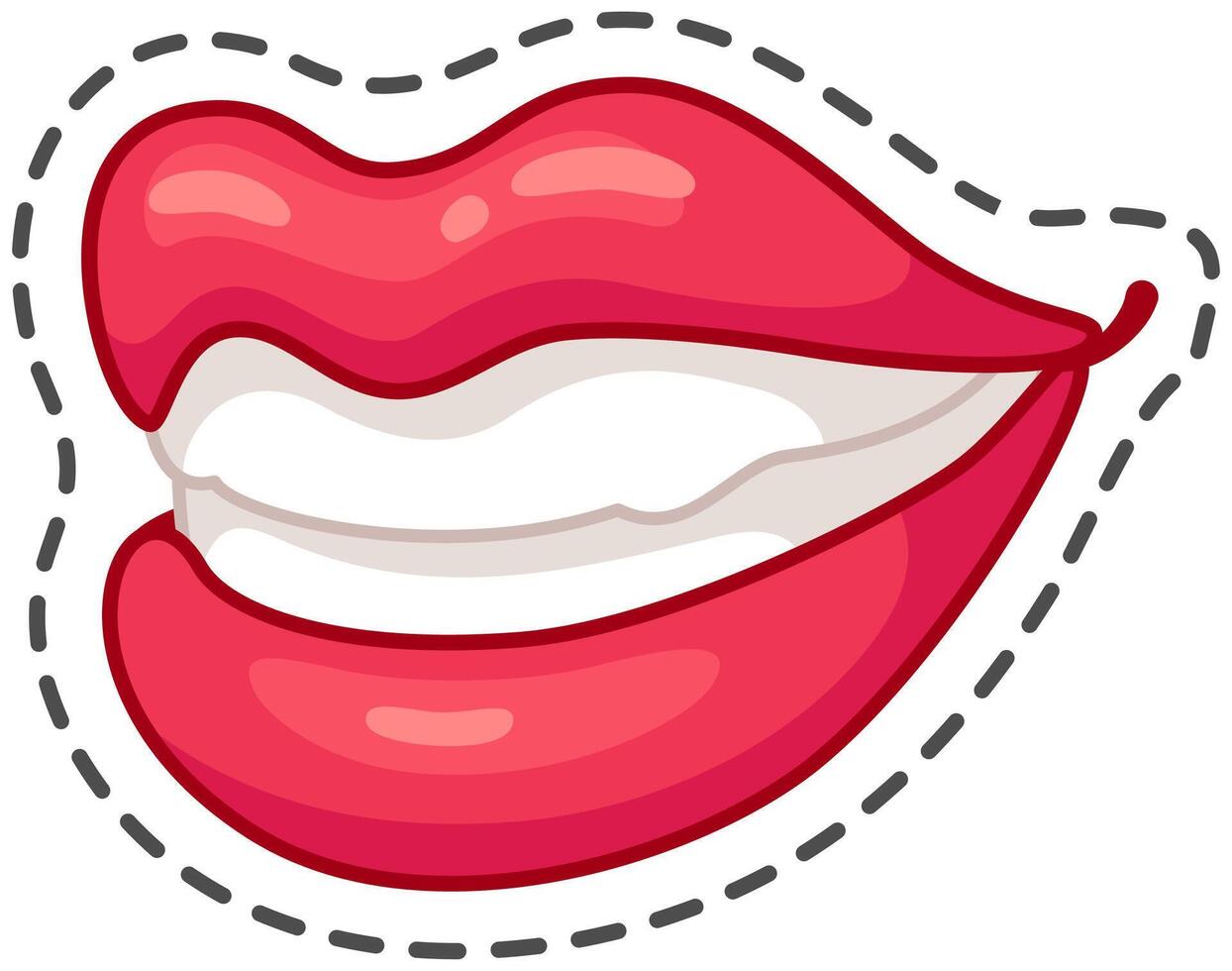 Cartoon illustration of red lips showing teeth with a big smile, isolated on a white background with a black dashed border vector