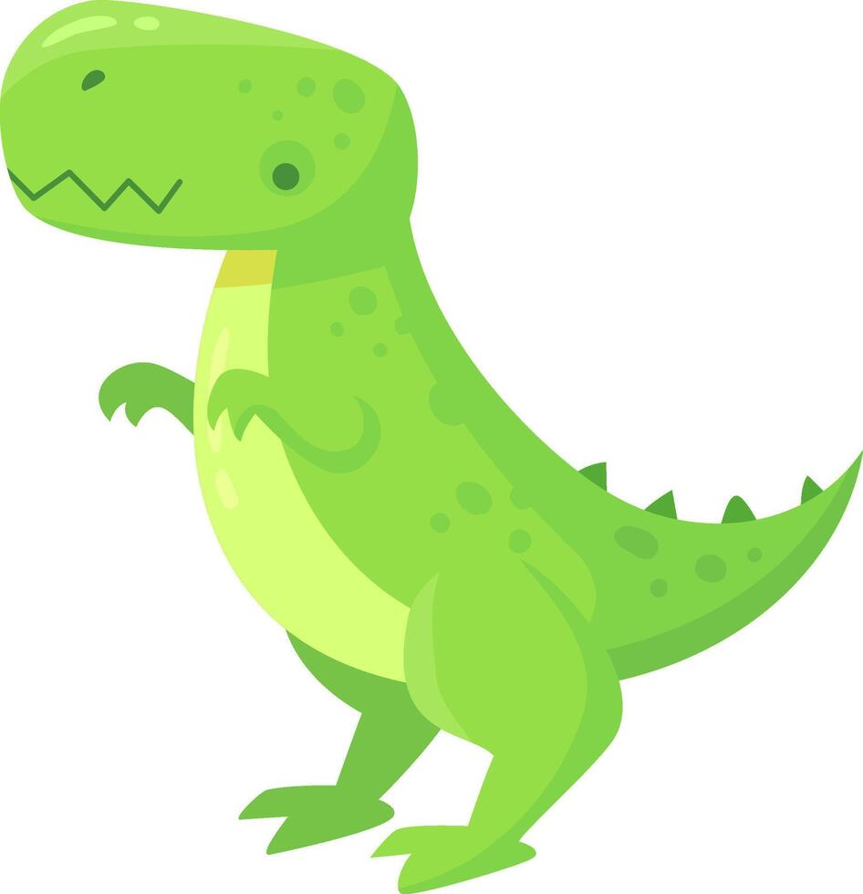 Cartoon illustration of a friendly green tyrannosaurus rex dinosaur standing on two legs, isolated on a white background. Perfect for children's books, educational materials, and more vector