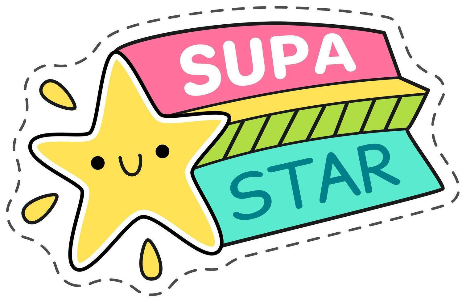 Cartoon drawing of a yellow star smiling with a colorful ribbon and lettering, ideal for children's designs. This illustration is perfect for projects related to childhood, happiness and fun vector